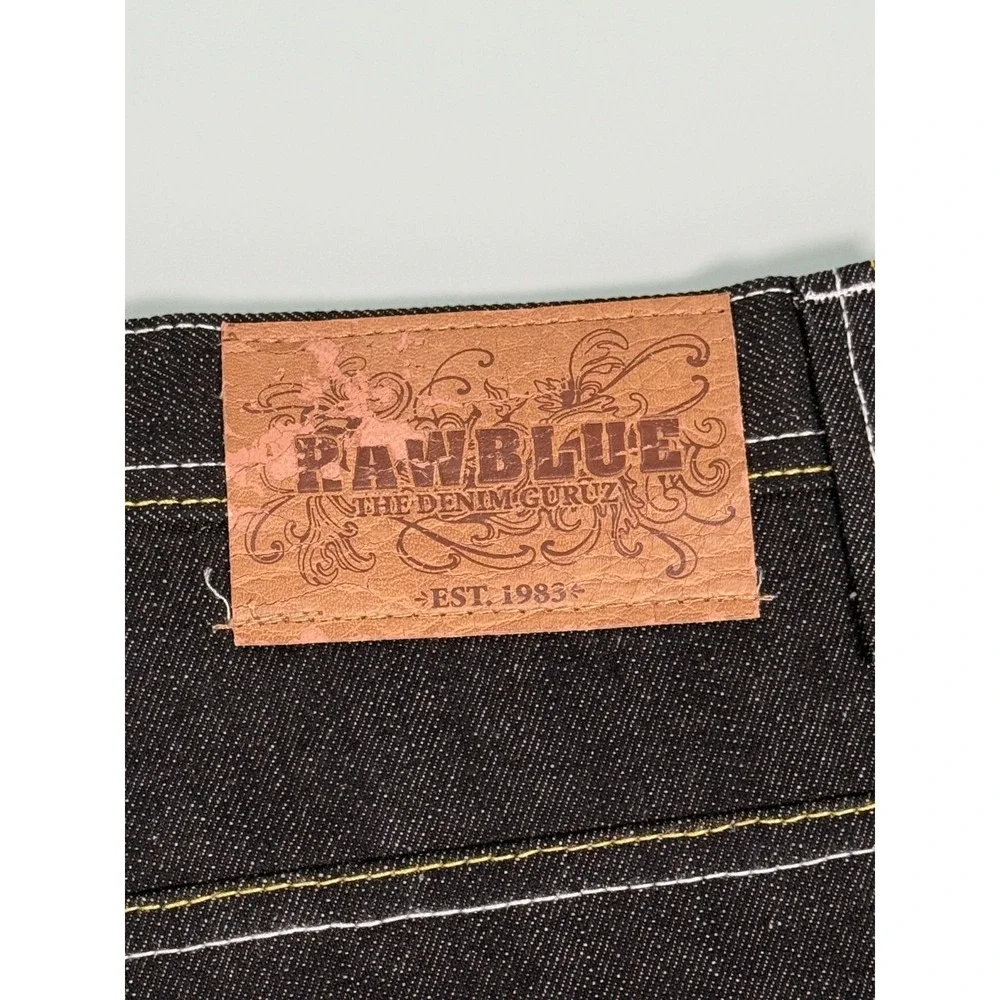 VTG Y2k Raw Blue Jeans Men 42x34 Black Denim Embroidered Embellish Skull Baggy‎